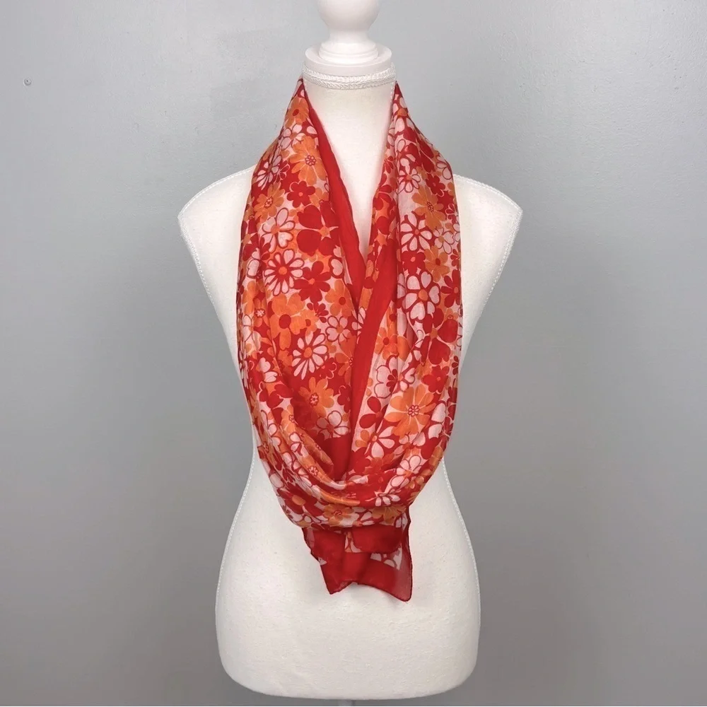 Bijoux Terner 100% silk pink & orange floral daisy print scarf.